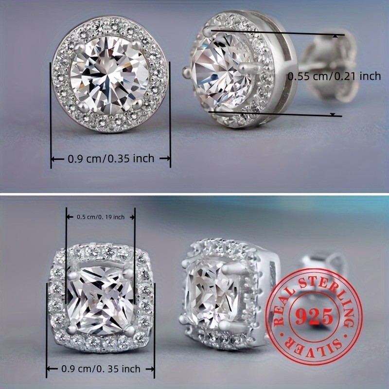 925 Silver CZ Stud Earrings Round & Square Design